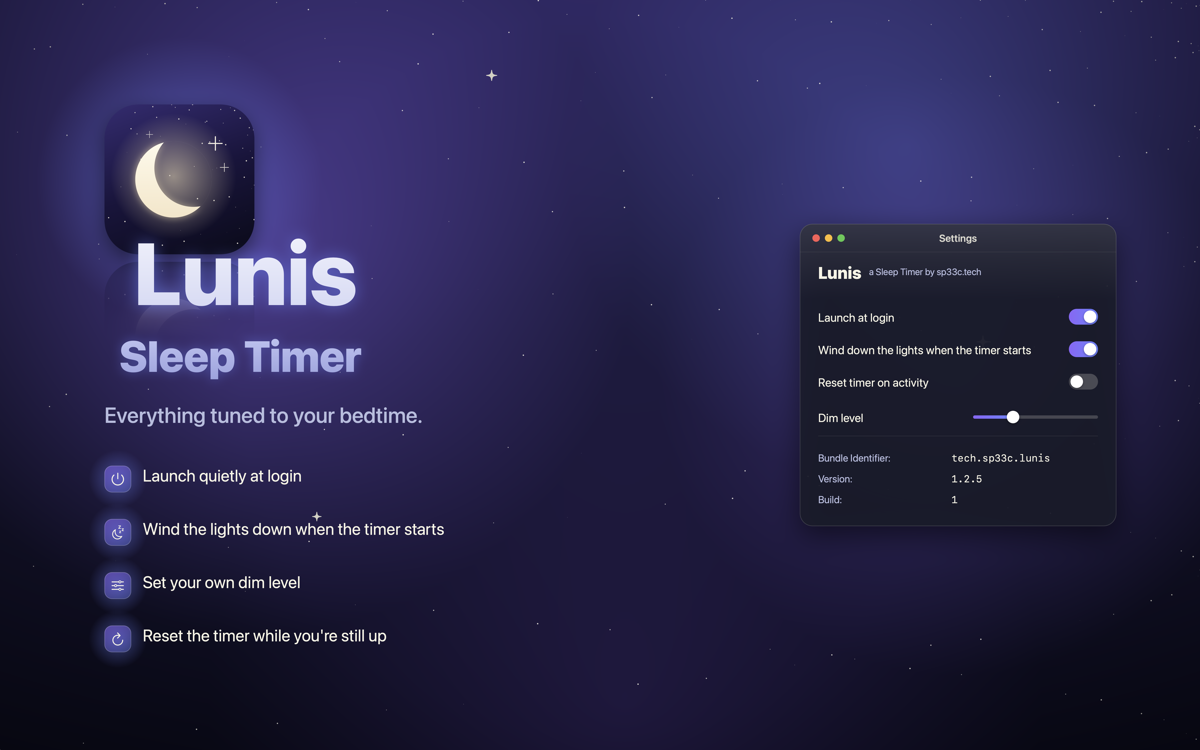 Lunis menu bar app showing the sleep-timer menu on macOS