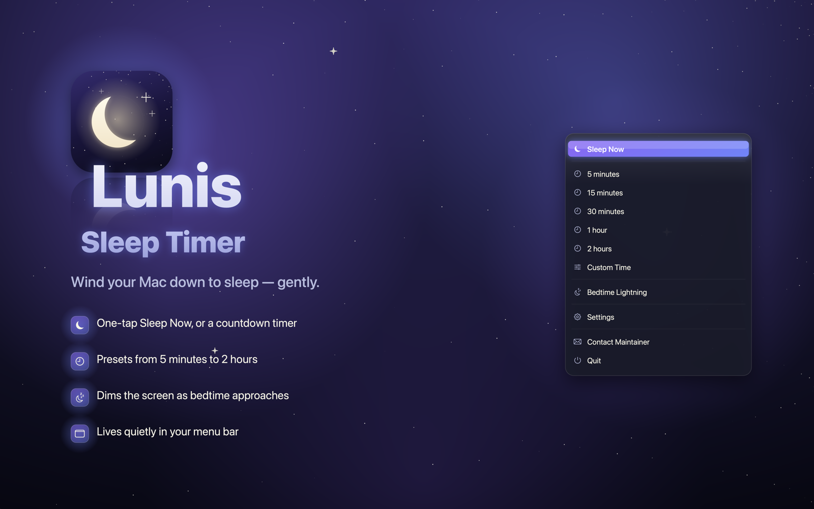 Lunis menu bar app showing the sleep-timer menu on macOS
